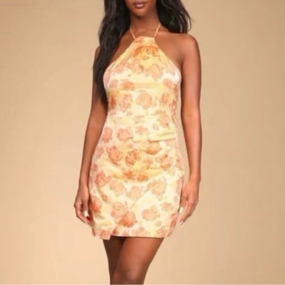NWOT Lulus Going for Gorgeous Yellow Floral Halter Mini Dress (Size Small) - Picture 2 of 7